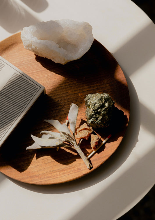 Image of dried leaves and crystals on a plate